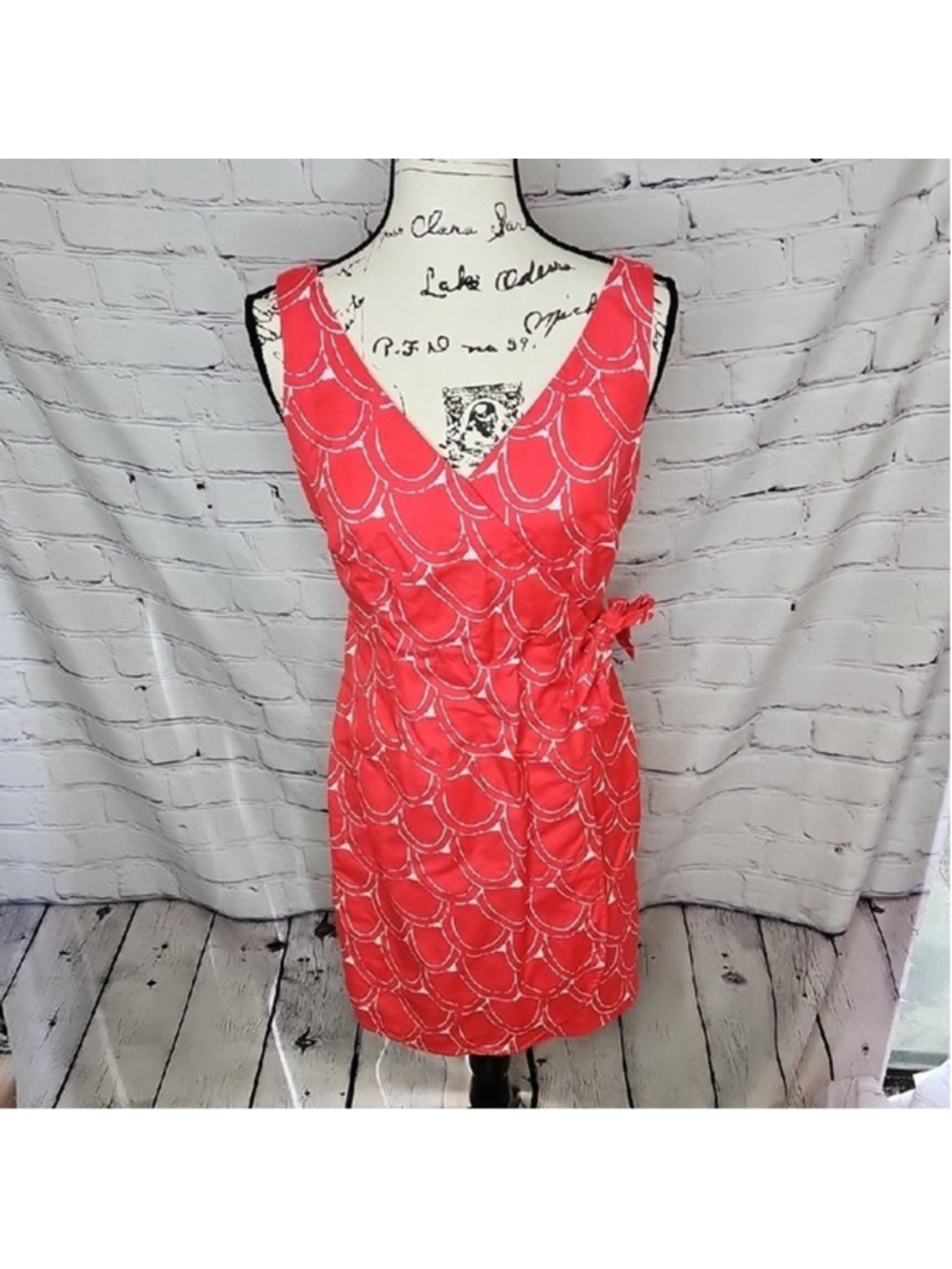 Boden Portofino Linen Cotton Blend Sleeveless Faux Wrap Dress Coral/White Sze 6P